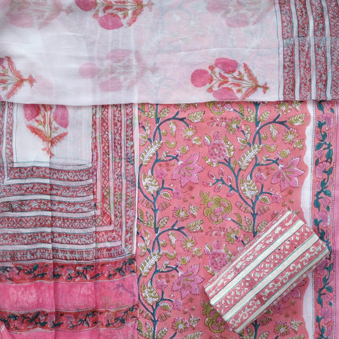 Designer Hand Block Print Cotton Suit Set with Chiffon Dupatta (PCHF25)